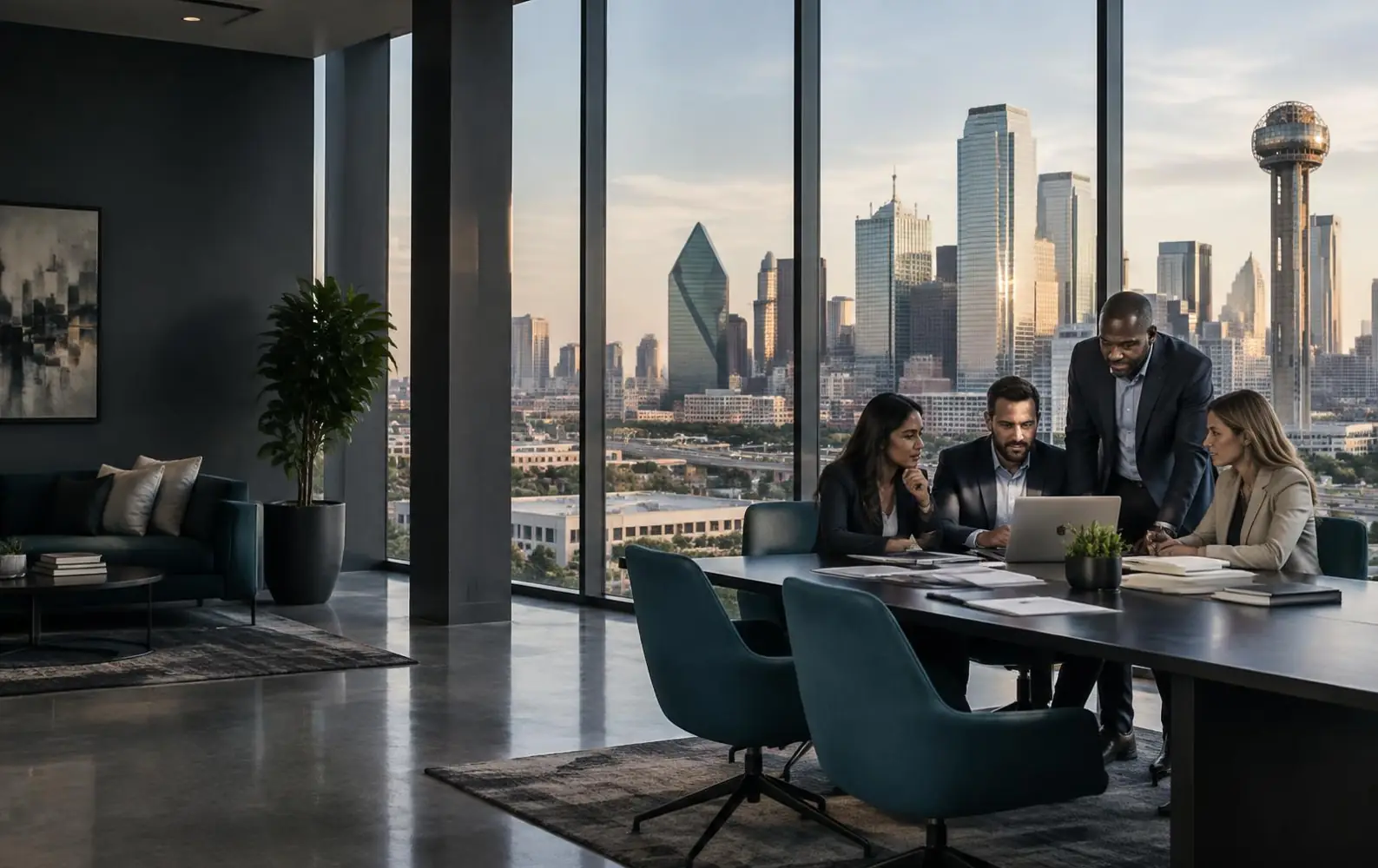 Business team planning together overlooking the Dallas skyline